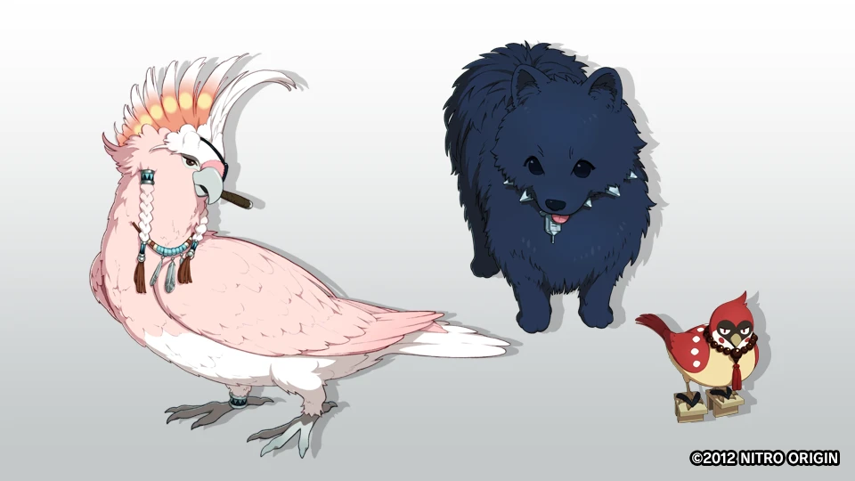 画像：オールメイト……左からミンクのオールメイト・トリ(オウム型)、蒼葉のオールメイト・蓮(犬型)、紅雀のオールメイト・ベニ(スズメ型)